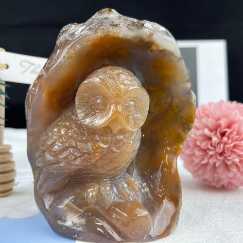 4.6 inches Chalcedony Jasper Owl Statue Nice Geode Crystal Owl