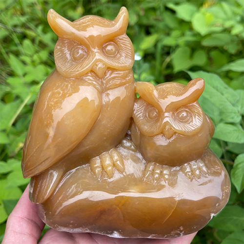 5.0" Chalcedony Jasper Carved Carystal Double Owls Q