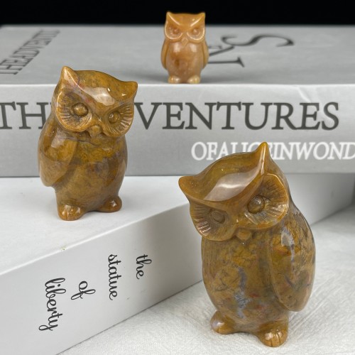 Natural Chalcedony Jasper Carved Carystal Owls Cute Owls crystal Owl's Family Statue Home Decor