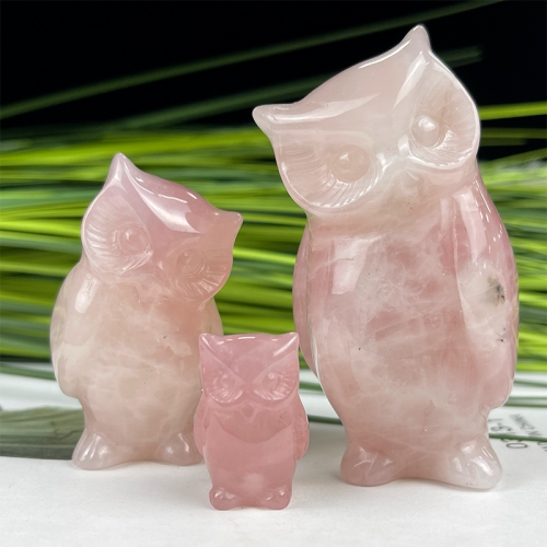 Rose Quartz Carved Carystal Owl Statue Owl Family 3PC Crystal Owl Sculpture for Home Decor