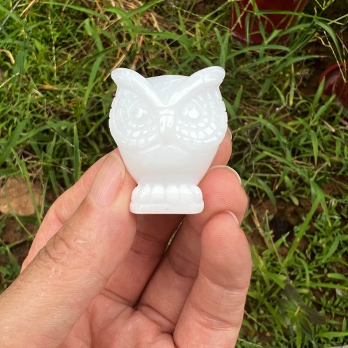 DO-Mini White Chalcedony Carved Crystal Owl, Home Decor Collection of Owl Sculpture