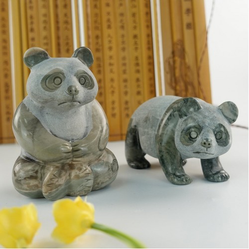 3.0“ Nine Dragon Jade Carved Crystal Panda, Panda Carvings for Home Decor