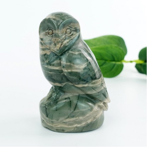 3.0" Nine Dragon Jade Carved Crystal Owl, Owl Heart Face Crystal Statue for Home Decor