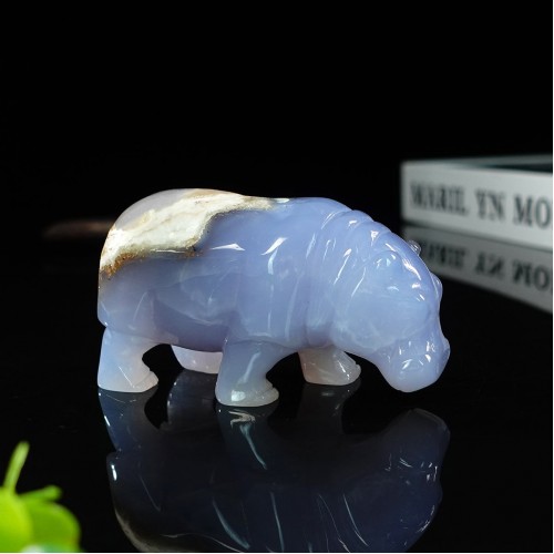 4" Hippopotamus Hippo Hand Carved Blue Chalcedony Quartz Crystal Healing