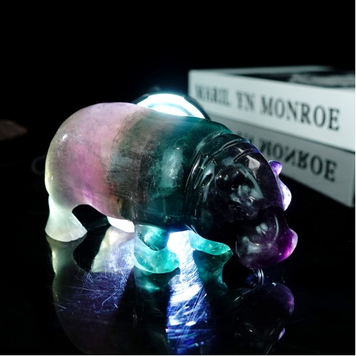 4" Hippopotamus Hippo Hand Carved Fluorite Stone Quartz Crystal Healing