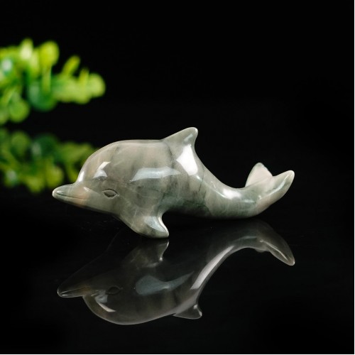 2.5" Dolphin Hand Carved Nine Dragon Jade Natural Crystal Statue Quartz Healing