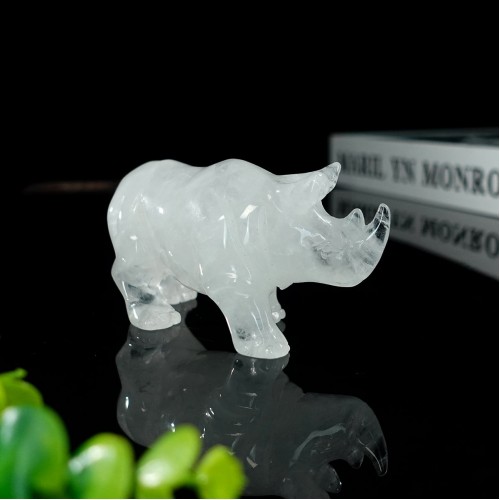 4" Rhinoceros Angola Quartz Carved Natural Crystal Statue Agate Reiki Healing