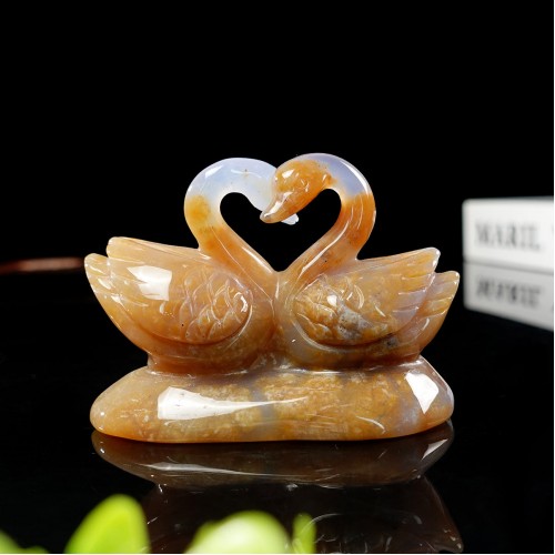 4" Double Swan Chalcedony Jasper Stone Carved Natural Crystal Statue Healing