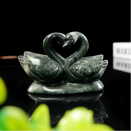 4" Double Swan Nine Dragon Jade Stone Carved Natural Crystal Statue Healing