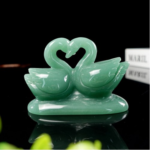 4" Double Swan Green Aventurine Stone Carved Natural Crystal Statue Healing