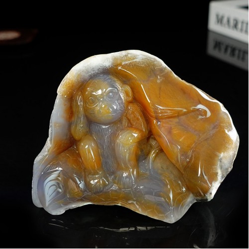 4" Realistic Monkey Chalcedony Jasper Carved Natural Crystal Statue Scupture ART