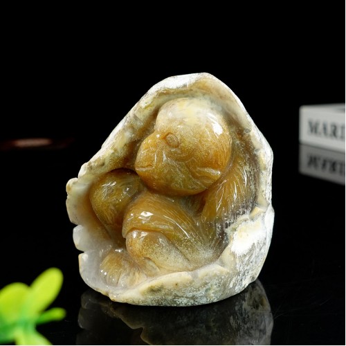 4" Monkey Chalcedony Jasper Hand Carved Natural Crystal Statue Scupture Decor