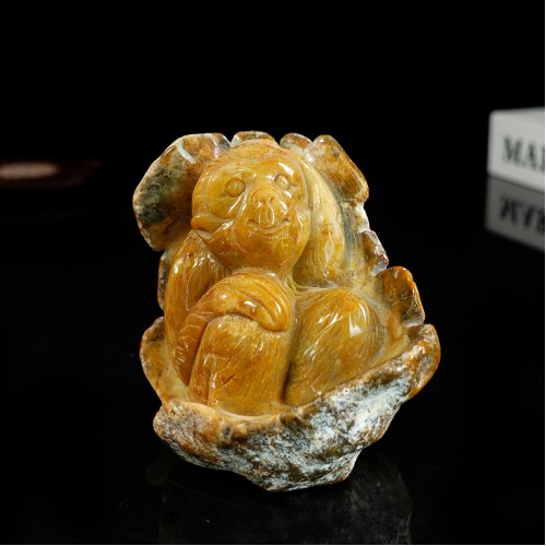 4" Monkey Yellow Chalcedony Jasper Hand Carved Natural Crystal Statue Scupture