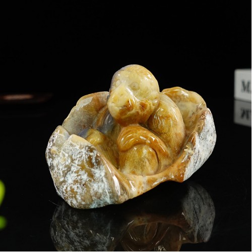 4" Monkey Yellow Chalcedony Jasper Carved Natural Crystal Statue Scupture Decor