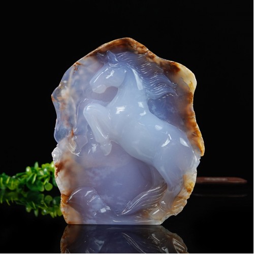 1170g 6.5" Horse Hand Carved Blue Chalcedony Natural Crystal Satute Home Decor