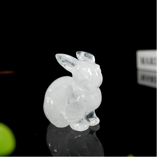 2" Rabbit White Clear Angola Quartz Stone Carved Natural Crystal Statue Healing