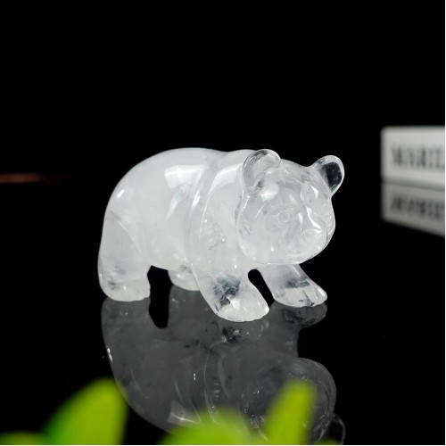 3" Panda White Clear Angola Quartz Stone Carved Natural Crystal Statue Healing