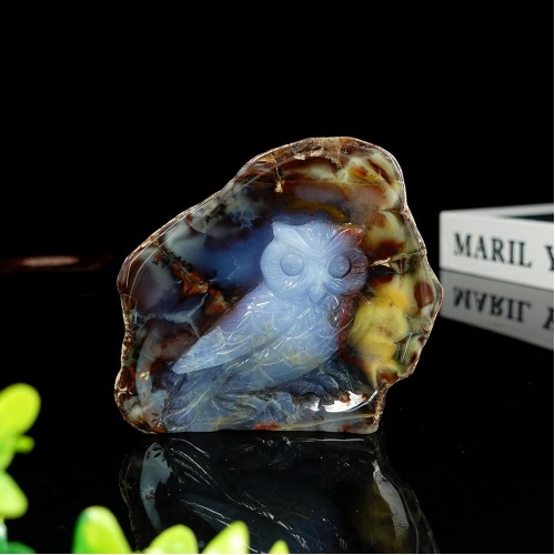 377g 4" Owl Hand Carved Blue Chalcedony Natural Crystal Statue Home Decor