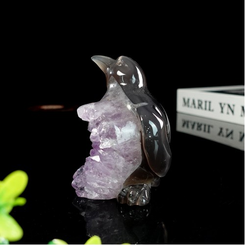 4" Penguin Amethyst Carved Quartz Geode Druse Cluster Natural Crystal Statue