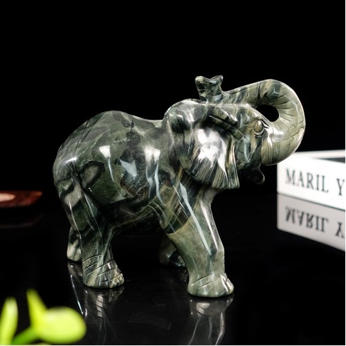 6" Elephant Hand Carved Nine Dragon Jade Stone Natural Crystal Statue Quartz