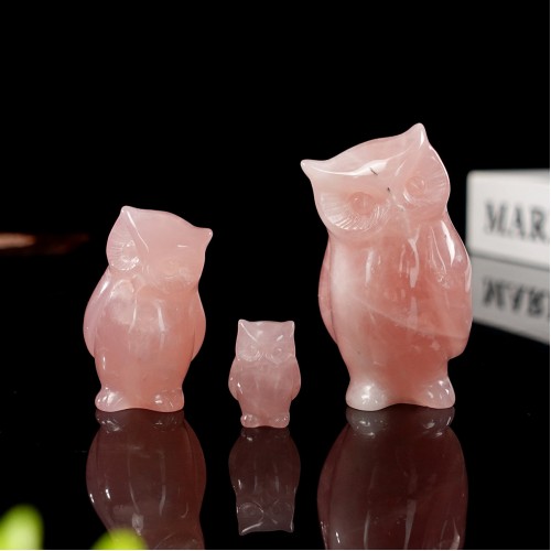 1" 2" 3"  Realistic Owl Family Hand Carved Pink Rose Quartz Natural Crystal Statue