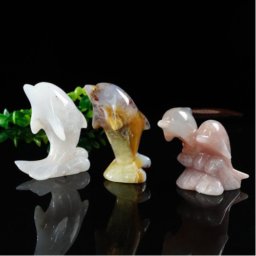 Dolphin Hand Carved Rose/Blue/Yellow Chalcedony Jasper Quartz Natural Crystal Statue