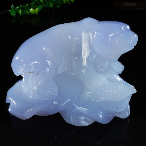 5.5" Blue Chalcedony Polar Bear Catching Fish Statue Natural Crystal Decor Healing Stone Sculpture