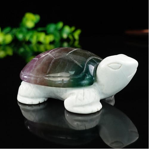 3.3" Natural Crystal Turtle Purple Green Fluorite Ivory Jade Stone Statue