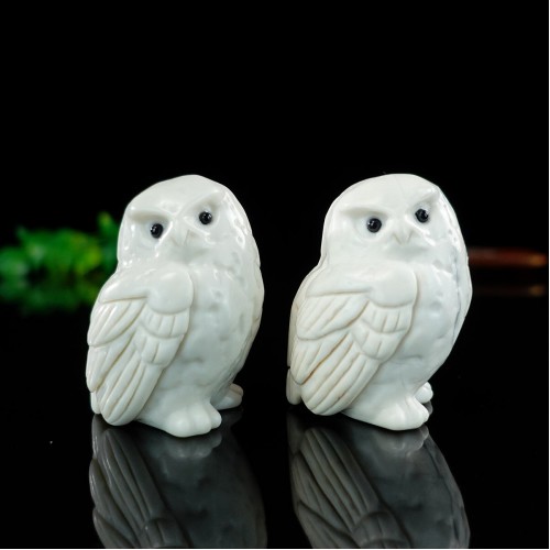 2.5" Owl Hand Carvings Ivory Jade Stone Quartz Natural Crystal Statue Animal