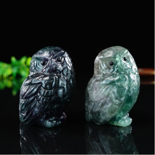 2.5" Owl Hand Carvings Green Fluorite Quartz Stone Natural Crystal Statue Animal