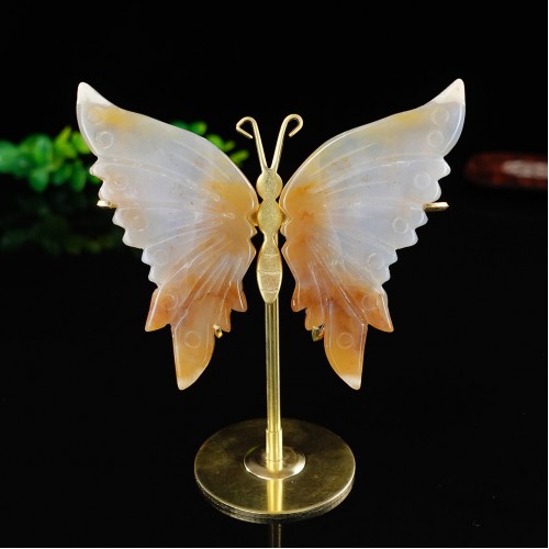 3.4" Natural Crystal Chalcedony Jasper Butterfly Wings Statue with Copper Holder