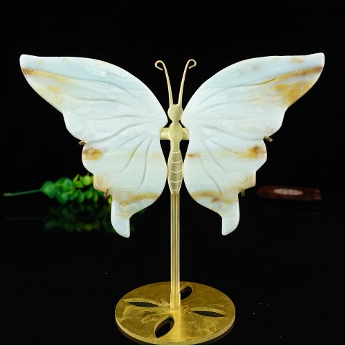 5" Natural Crystal Amazonite Stone Butterfly Wings Statue with Copper Holder