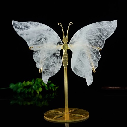 5" Natural Crystal Angola Quartz Butterfly Wings Skull Statue with Copper Holder