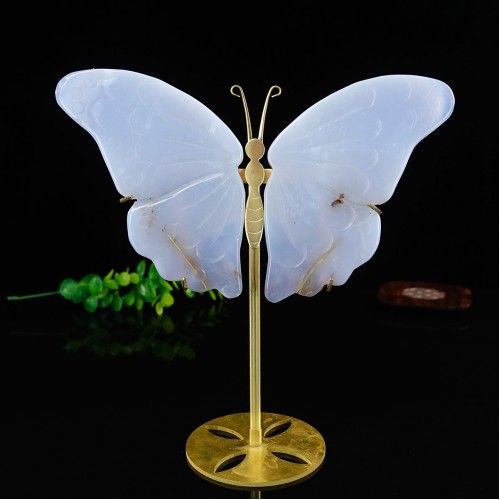 5.7" Natural Crystal Blue Chalcedony Butterfly Wings Statue with Copper Holder