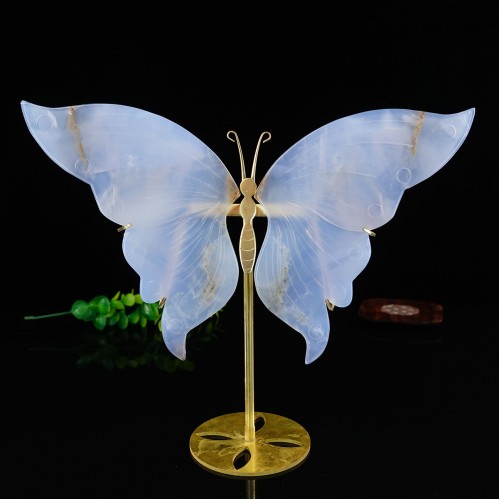 7" Natural Crystal Blue Chalcedony Butterfly Wings Statue with Copper Holder