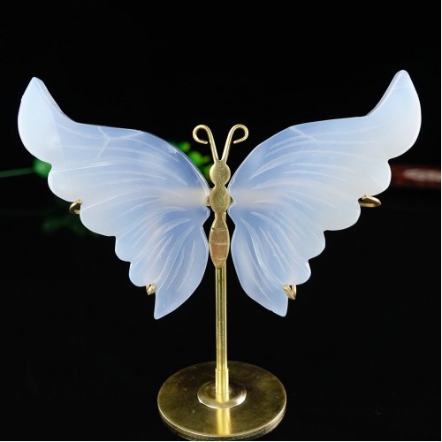 3.5" Natural Crystal Blue Chalcedony Butterfly Wings Statue with Copper Holder