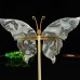 5" Natural Crystal Black Crazy Agate Butterfly Wings Statue with Copper Holder