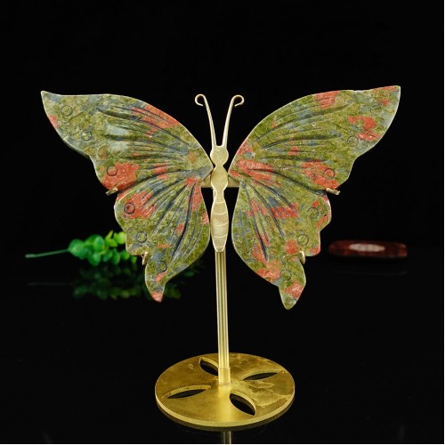 5" Natural Crystal Unakite Stone Butterfly Wings Skull Statue with Copper Holder