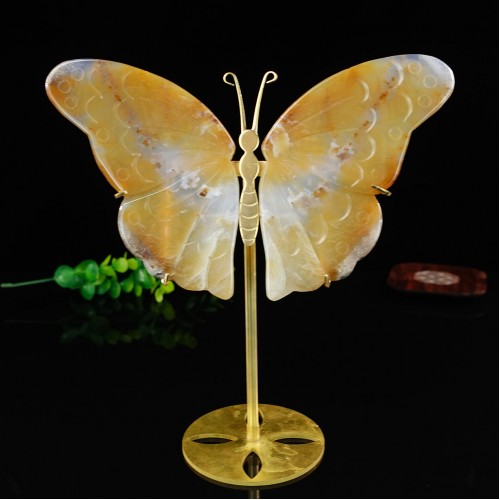 5.7" Natural Crystal Yellow Chalcedony Butterfly Wings Statue with Copper Holder