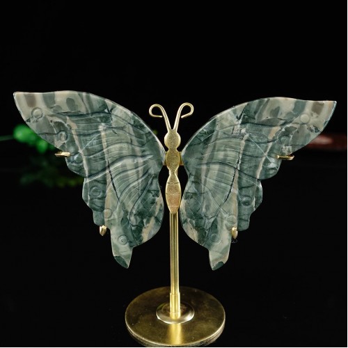 3.5" Natural Crystal Nine Dragon Jade Butterfly Wings Statue with Copper Holder