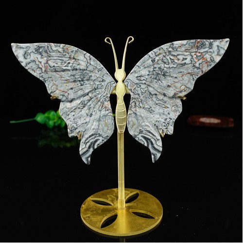 5" Natural Crystal Map Stone Butterfly Wings Skull Statue with Copper Holder