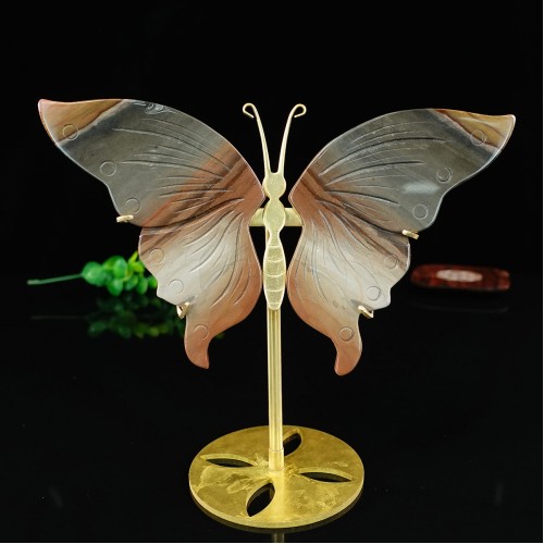 5" Natural Crystal Ocean Jasper Butterfly Wings Skull Statue with Copper Holder