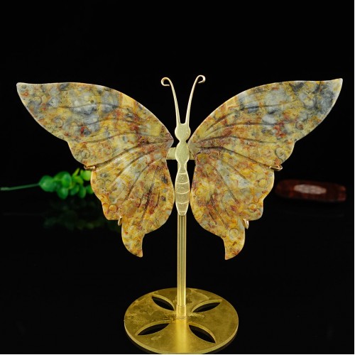 5" Natural Crystal Crazy Agate Butterfly Wings Skull Statue with Copper Holder