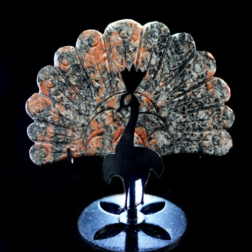 3.8" 108g Natural Crystal Orange Calcite Peacock Wings Skull Statue + Iron Holder