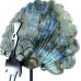 6.2" 297g Natural Crystal Labradorite Quartz Peacock Wings Skull Statue + Iron Holder