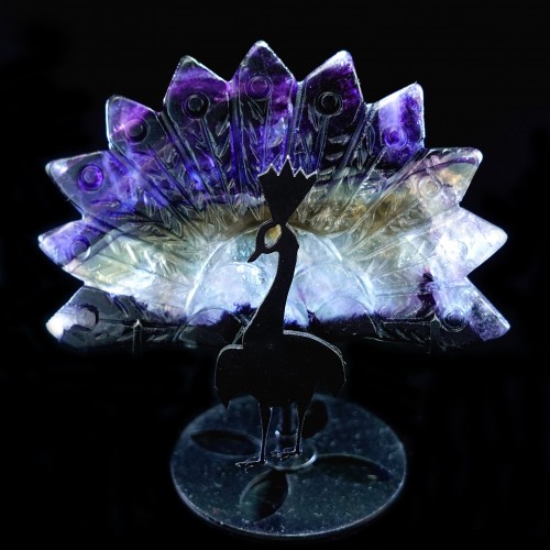 4" 114g Natural Crystal Purple Fluorite Peacock Wings Skull Statue + Iron Holder