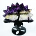 4" 114g Natural Crystal Purple Fluorite Peacock Wings Skull Statue + Iron Holder