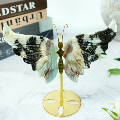 4.8" 315g Butterfly Wing Natural Crystal Statue Carved Amazonite Stone Copper Holder