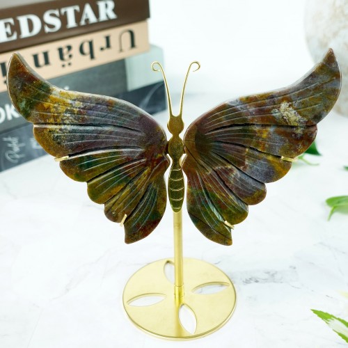 4.8" 330g Butterfly Wing Natural Crystal Statue Carved India Agate Copper Holder