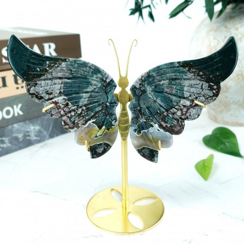 4.8" 337g Butterfly Wing Natural Crystal Statue Carved India Agate Copper Holder